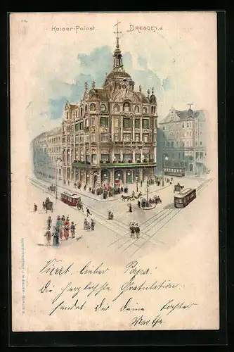 Lithographie Dresden, Kaiser-Palast mit Strassenbahnen