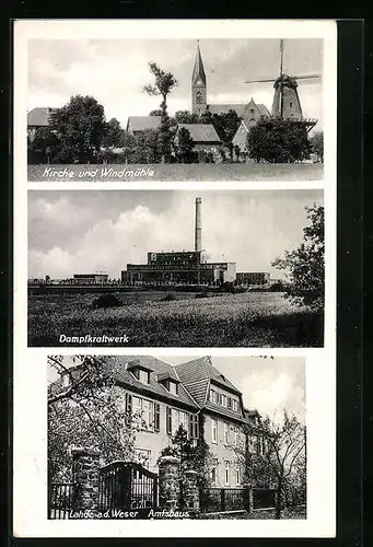 AK Lahde a. d. Weser, Kirche und Windmühle mit Dampfkraftwerk