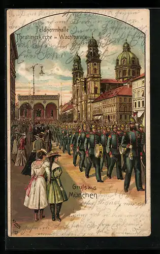 Lithographie München, Wachtparade an Feldherrnhalle und Theatinerkirche