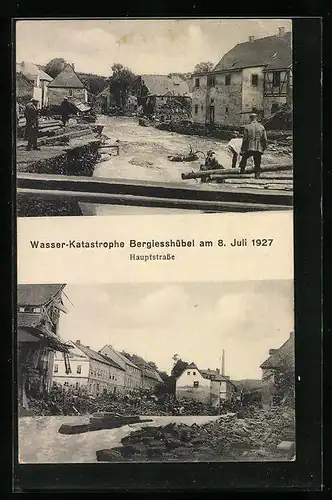 AK Berggiesshübel, Wasser-Katastrophe am 8.7.1927, Zerstörungen in der Hauptstrasse