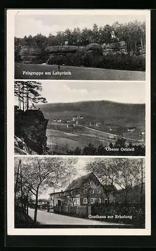 AK Langenhennersdorf, Gasthaus zur Erholung, Felsgruppe am Labyrinth