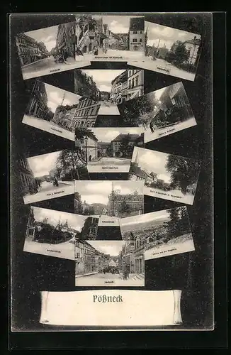 AK Pössneck /Thüringen, Breitestrasse, Bahnhofstrasse, Saalfeldstrasse