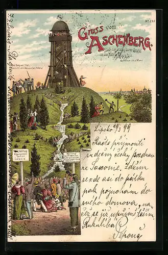 Lithographie Leipzig, Aussichtsturm auf dem Aschenberg