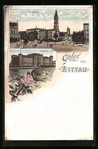 Lithographie Zittau, Kaserne, Strassenpartie am Johanneum