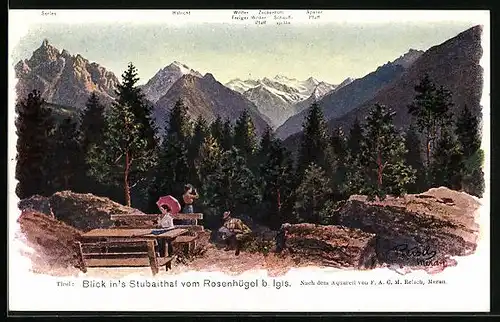 Künstler-AK F.A.C.M. Reisch: Igls, Blick vom Rosenhügel ins Stubaithal