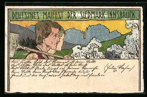 Künstler-AK Innsbruck, Deutsches Maifest der Südmark, Bauern auf dem Weg zur Feldarbeit