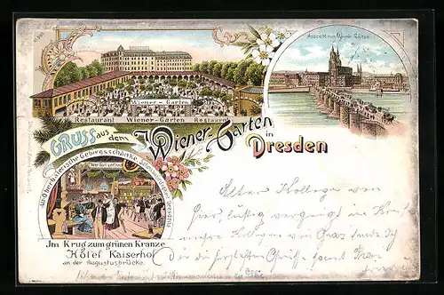 Lithographie Dresden-Neustadt, Restaurant Wiener-Garten, Gasthof Im Krug zum grünen Kranze im Hotel Kaiserhof