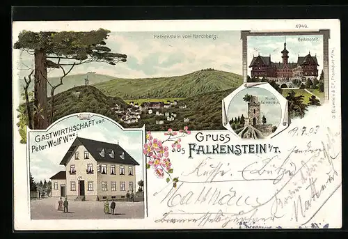 Lithographie Falkenstein i. T., Gasthof von Peter Wolf Wwe., Heilanstalt