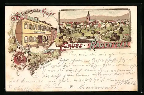 Lithographie Rauenthal, Hotel Rheingauer Hof, Ortsansicht