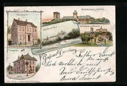 Lithographie Derneburg, Bahnhofs-Hotel, Post, Schloss