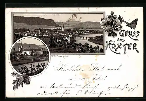 Vorläufer-Lithographie Höxter, 1894, Panoramablick auf Stadt und Umgebung