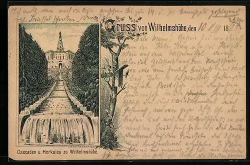 Vorläufer-Lithographie Kassel-Wilhelmshöhe, 1890, Cascaden und Herkules