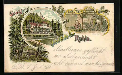 Lithographie Ruhla, Hotel Belle Vue, Innenansicht einer Schmiede