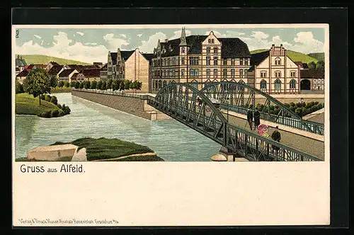 Lithographie Alfeld, Ortspartie mit Brücke