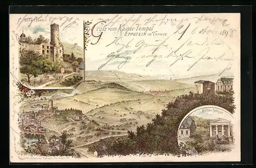 Lithographie Eppstein i. T., Kaisertempel, Burg Eppstein und Landschaftspanorama