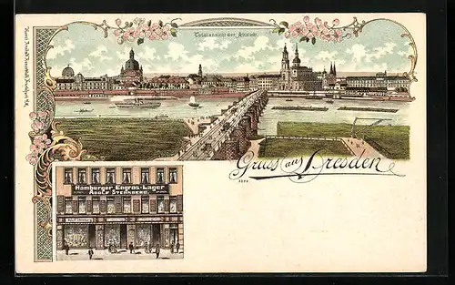 Lithographie Dresden, Totalansicht der Altstadt, Restaurant Hamburger Engros-Lager