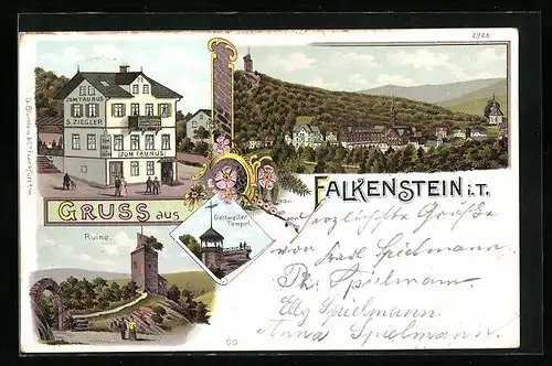 Lithographie Falkenstein i. T., Gasthaus zum Taunus, Turmruine, Dettweiler Tempel, Totalansicht