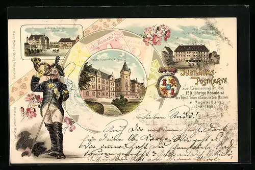 Lithographie Regensburg, Jubiläumspostkarte, Schloss Taxis, Neues fürstl. Palais, Freisinger Hof