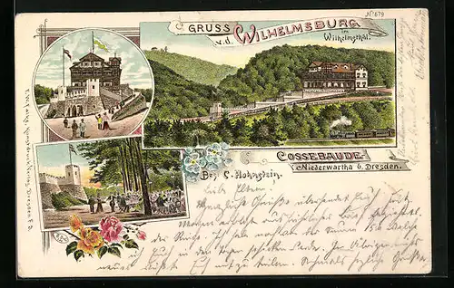 Lithographie Niederwartha b. Dresden, Cossebaude, Gasthaus Wilhelmsburg mit Burganlage