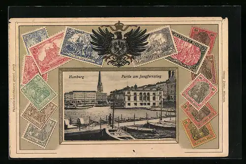 Präge-AK Hamburg-Neustadt, Strassenpartie am Jungfernstieg, Briefmarken