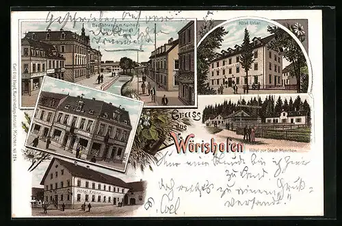 Lithographie Wörishofen, Bachstrasse mit Kurhaus und Hotel Luitpold, Hotels Urban, Krone und zur Stadt München