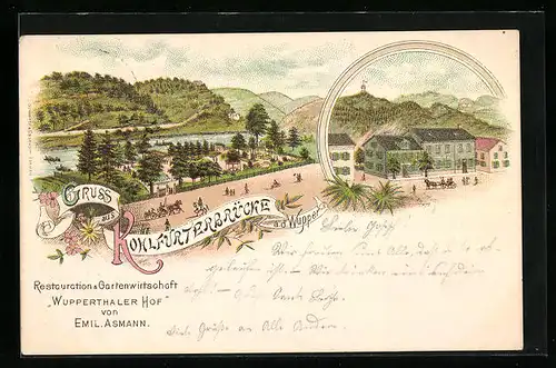 Lithographie Kohlfurterbrücke a. d. Wupper, Restaurant Wuppertahler Hof mit Gartenwirtschaft