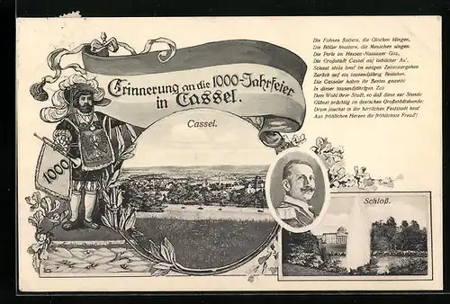 AK Cassel, 1000-Jahrfeier der Stadt, Schloss mit Wasserspiel, Kaiser Wilhelm II. im Portrait
