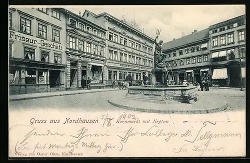 AK Nordhausen, Kornmarkt mit Neptun und Hotel Römischer Kaiser