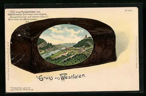 Passepartout-Lithographie Porta Westfalica, Gesamtansicht aus der Vogelschau, Pumpernickel
