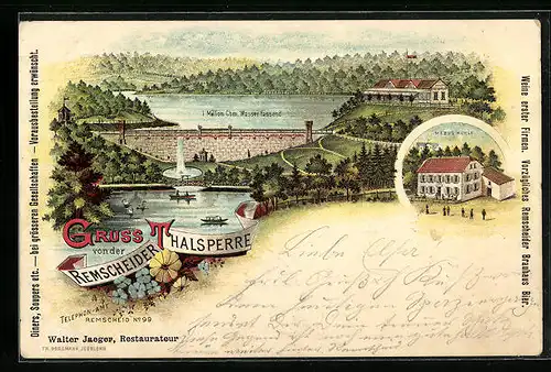 Lithographie Remscheid, Talsperre, Gasthaus Mebus Mühle