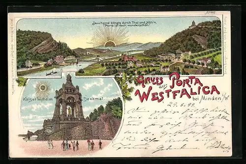 Sonnenschein-Lithographie Porta Westfalica, Gesamtansicht, Kaiser Wilhelm Denkmal