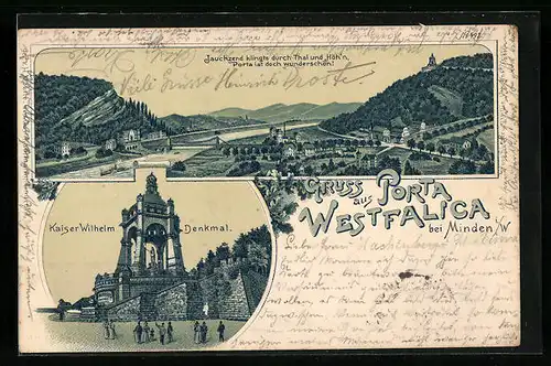 Lithographie Porta Westfalica b. Minden, Gesamtansicht mit Kaiser Wilhelm Denkmal