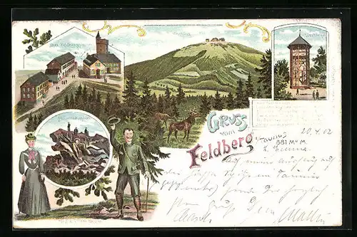 Lithographie Feldberg i. T., Drei Feldberghäuser, Lipstempel, Brünhildesfelsen