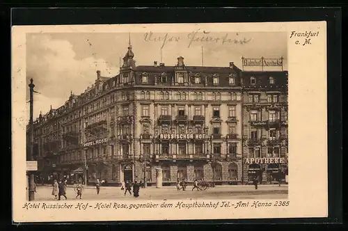 AK Frankfurt a. M., Hotels Russischer Hof und Rose gegenüber dem Hauptbahnhof