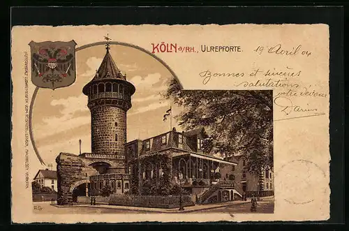 Lithographie Köln-Neustadt, Strassenpartie mit Gasthaus an der Ulrepforte