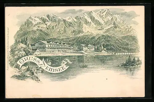 Lithographie Eibsee, Seeblick zum Gasthaus mit Gebirgslandschaft