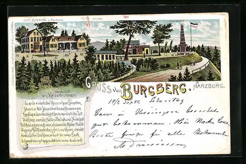 Lithographie Burgberg b. Harzburg, Hotel Burgberge, Brocken, Canossasäule, Gedicht am Kaiserbrunnen