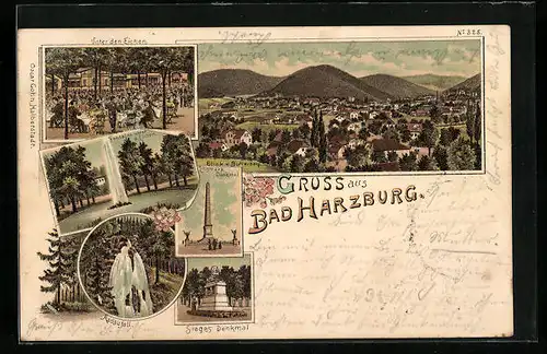 Lithographie Bad Harzburg, Gasthaus Unter den Eichen mit Fontaine, Bismarckdenkmal, Radaufall, Siegesdenkmal