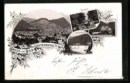 Vorläufer-Lithographie Bad Lauterberg i. Harz, 1895, Gasthaus Felsenkeller, Kurquelle, Wiesenbeeker Teich