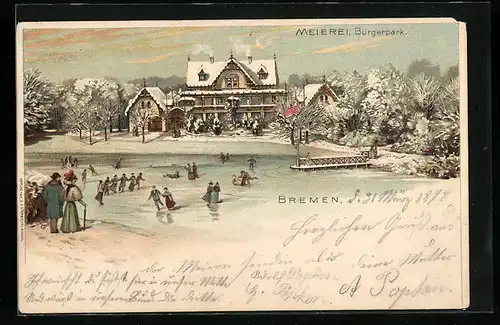 Winter-Lithographie Bremen, Meierei im Bürgerpark