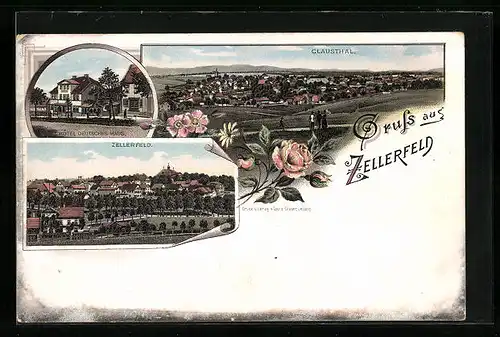 Lithographie Zellerfeld, Hotel deutsches Haus, Totalansicht von Clausthal