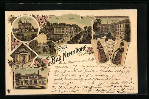 Lithographie Bad Nenndorf, Villa Dr. Ewe, Kurhaus, Badehaus, Schlammbadehaus