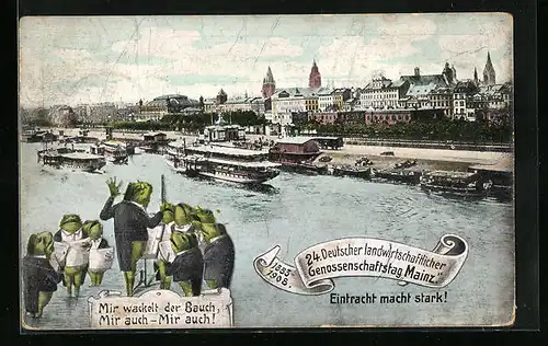 AK Mainz, Ortsansicht mit Dampfern und Froschchor