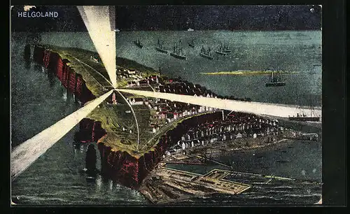 AK Helgoland, Gesamtansicht bei Nacht mit Leuchtturm