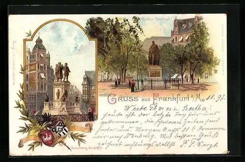 Lithographie Frankfurt a. M., Gutenberg-Denkmal und Goethe-Denkmal