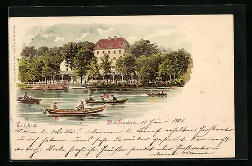 Lithographie Bad Nauheim, Teichhaus mit Ruderpartie