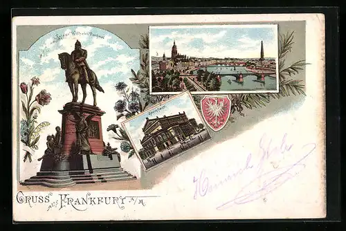Lithographie Frankfurt a. M., Ortsansicht mit Kaiser Wilhelm-Denkmal und Opernhaus