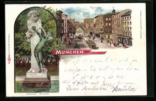 Lithographie München, Gasteiger Brunnen und Karlstor mit Pferdebahn