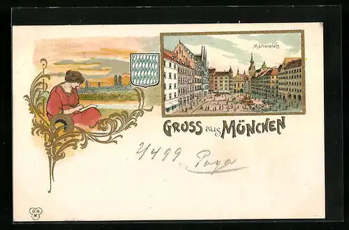 Lithographie München, Marienplatz mit Wappen