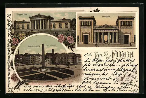 Lithographie München, Glyptothek, Propyläen, Karolinenplatz mit Obelisk